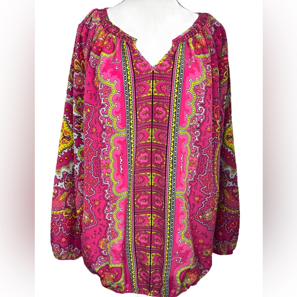Lane Bryant Pink and Yellow Boho Long Sleeve Paisley Tunic Blouse | 14/16